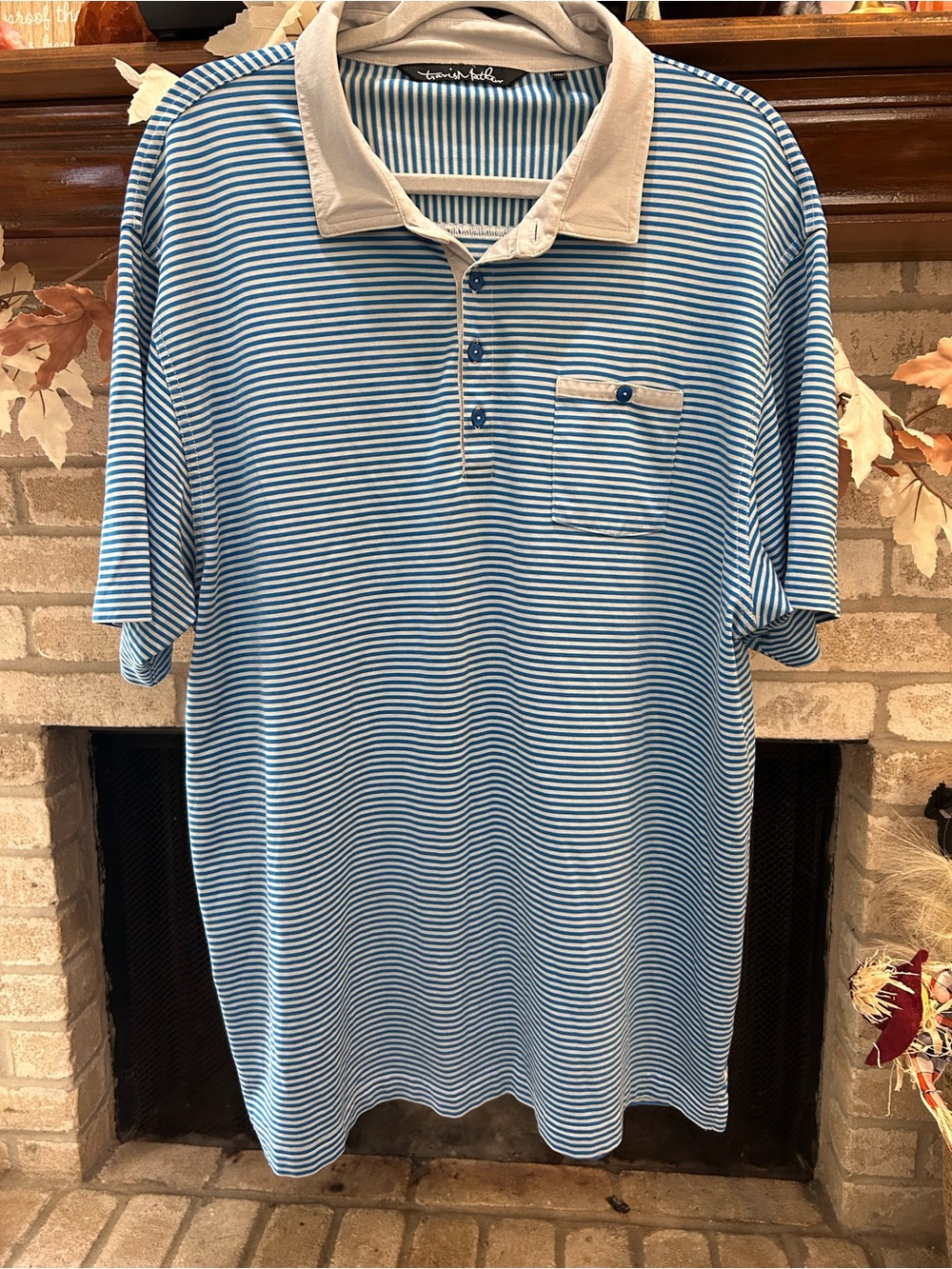 Tommy Bahama Blue and White Striped Polo with Tan Contrast Collar EUC